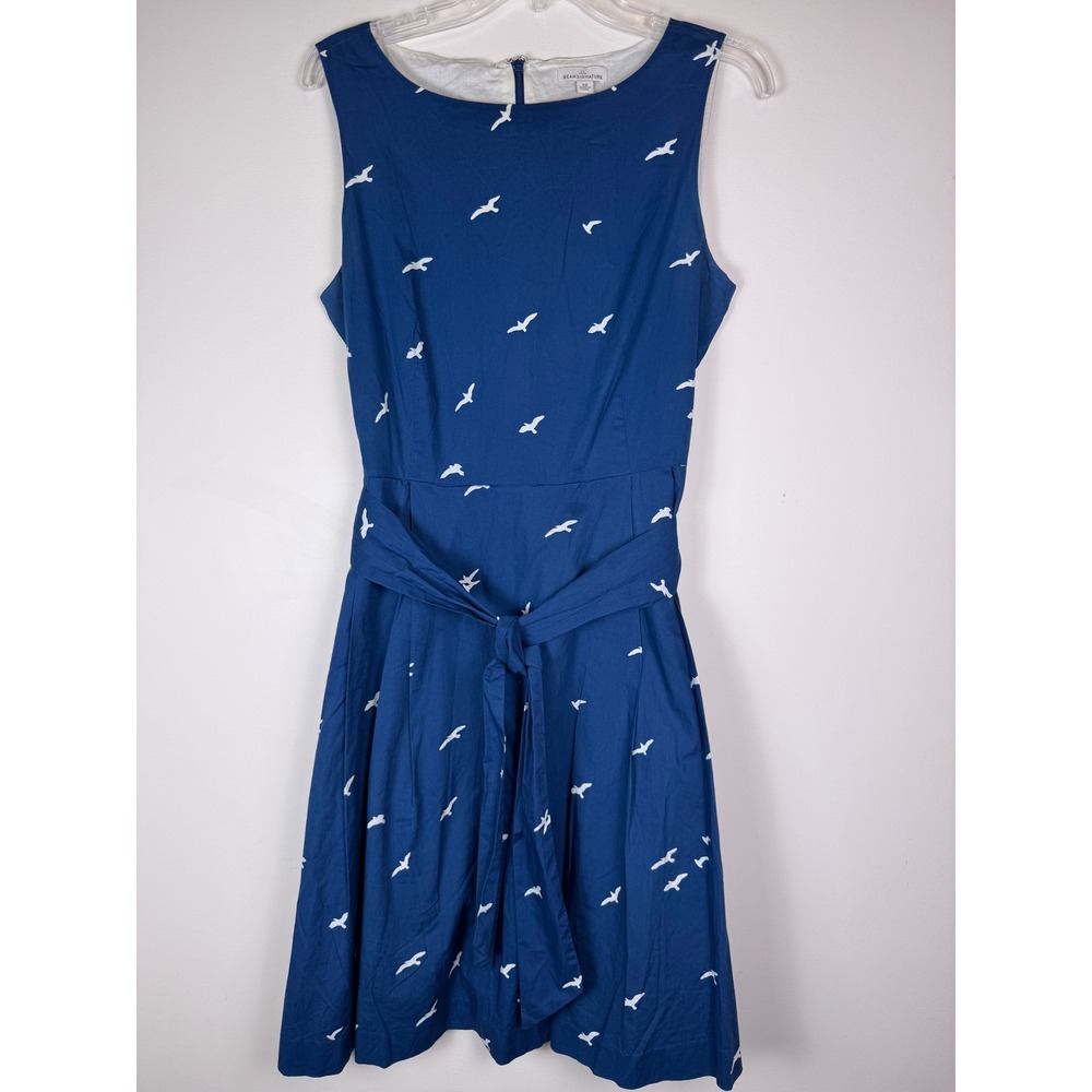 LL Bean Signature Blue Seagull Print‎ Cotton Fit Flare Dress Belted Womens 12